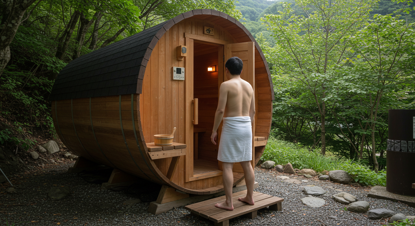不安げにサウナ室の前で立ち止まる初心者風の人