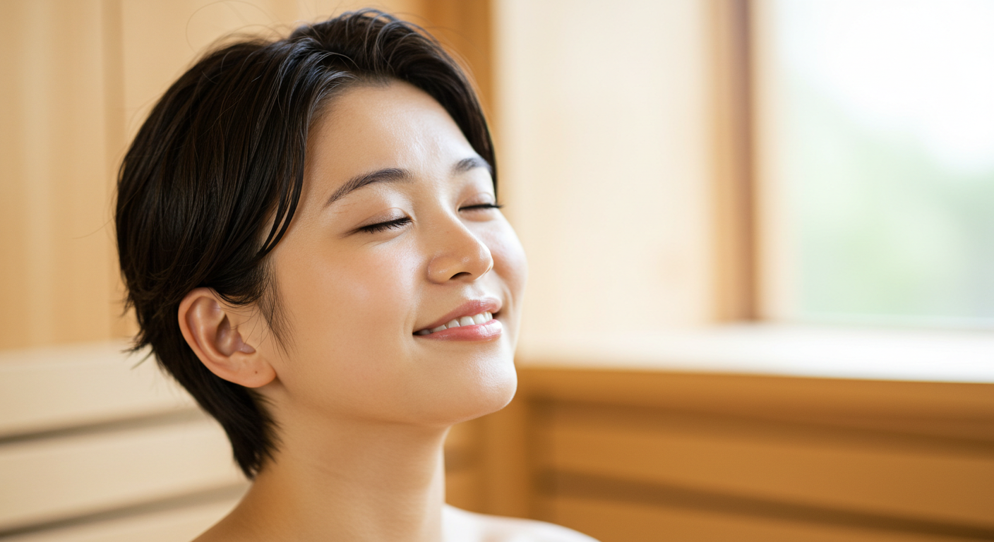 うっとりした表情でリラックスしている人の上半身(背景ぼかし)
