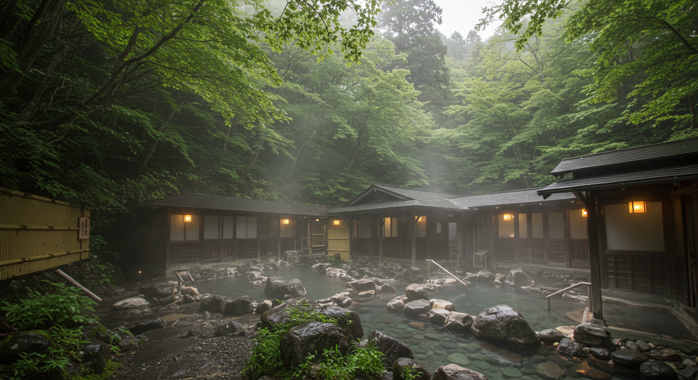 山奥の湯治場と木造旅館の風景