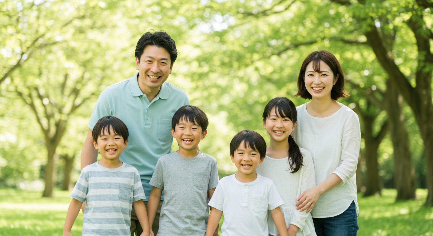 爽やかな自然の中で笑顔の家族
