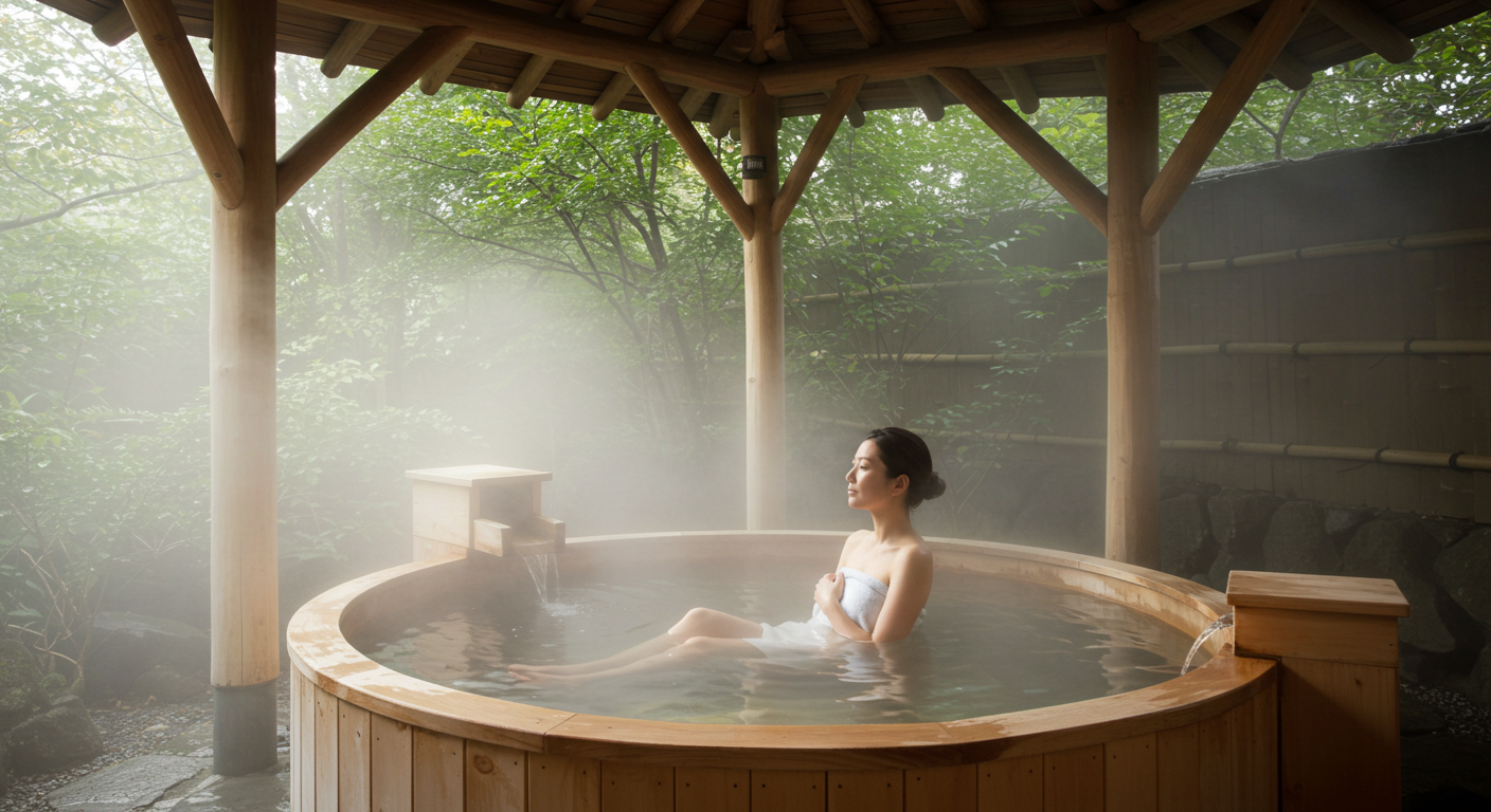木の香りがただよう露天風呂で、湯けむりの中くつろぐ女性