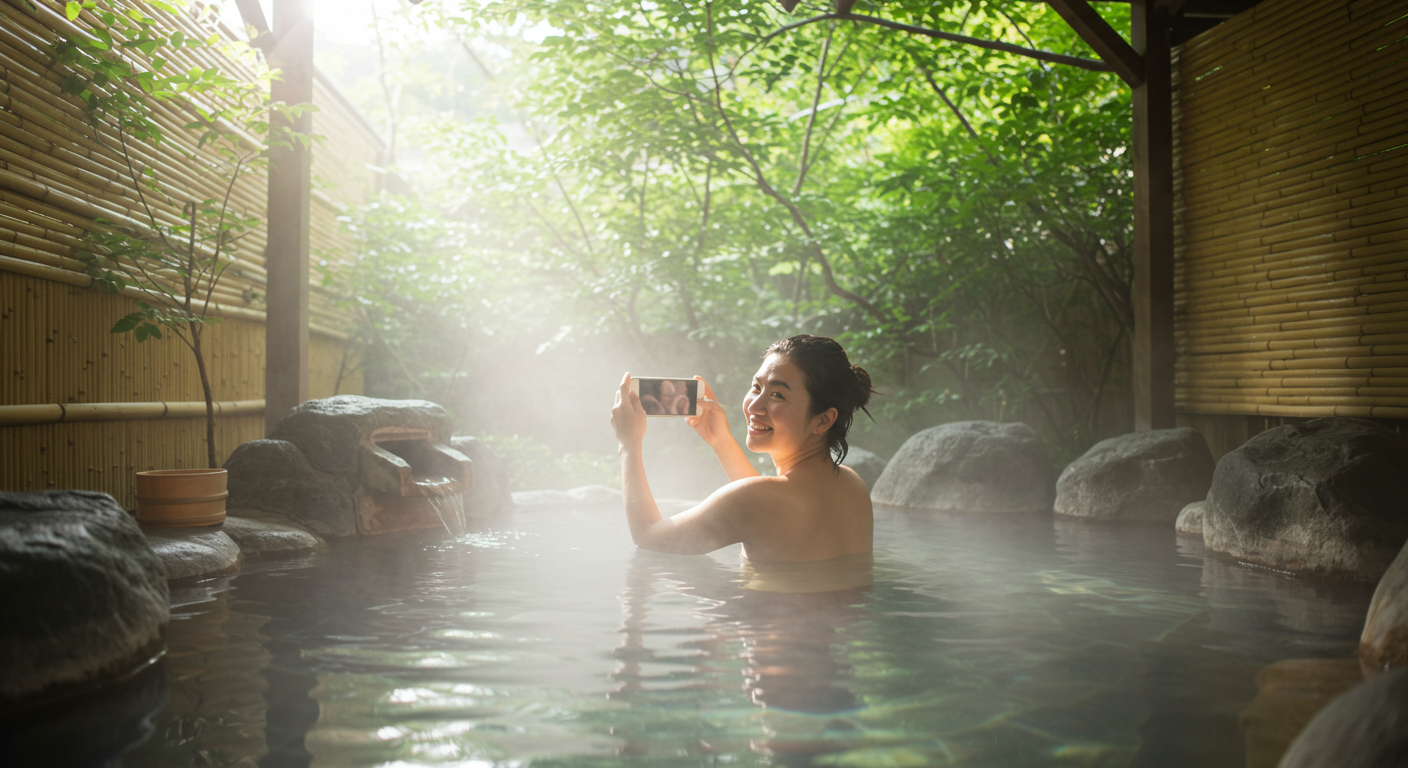 貸切温泉でスマートフォンを使いながらリラックスしている様子