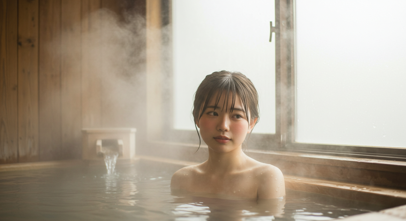 湯気の立つ温泉でややのぼせた表情の女性
