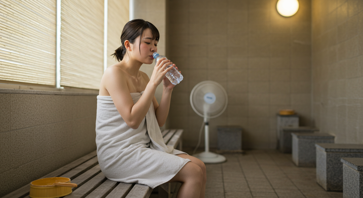 湯当たり気味の人が、ベンチで水を飲みながら深呼吸している