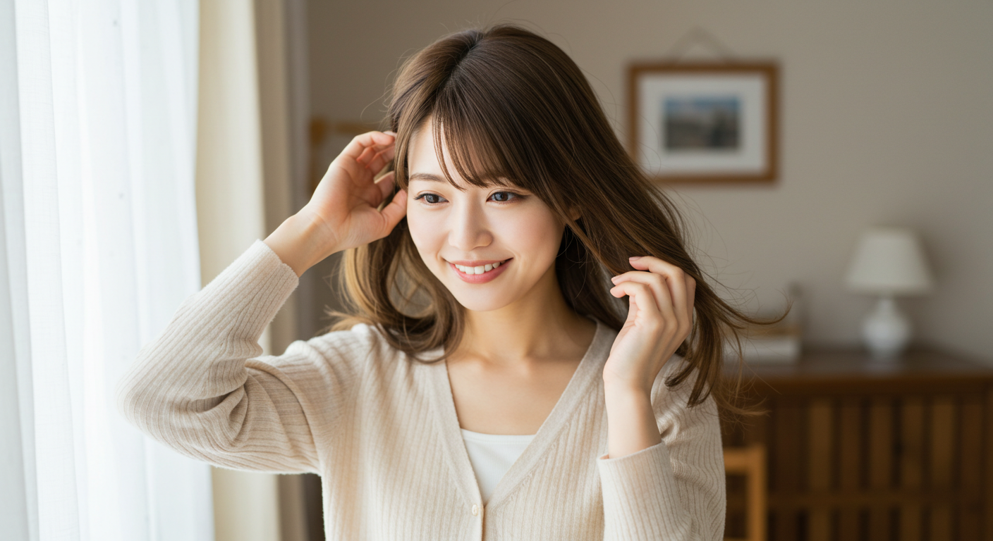 髪を整えている日本人女性(自然な微笑み、軽やかな髪)