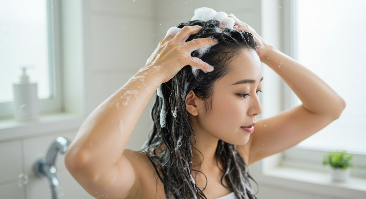 シャンプーを使用して髪を洗っている女性