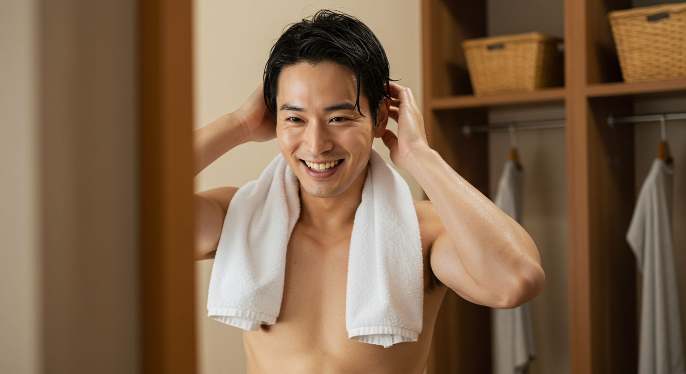 冷水シャワー後に鏡の前で髪を整えている男性(スッキリした表情)