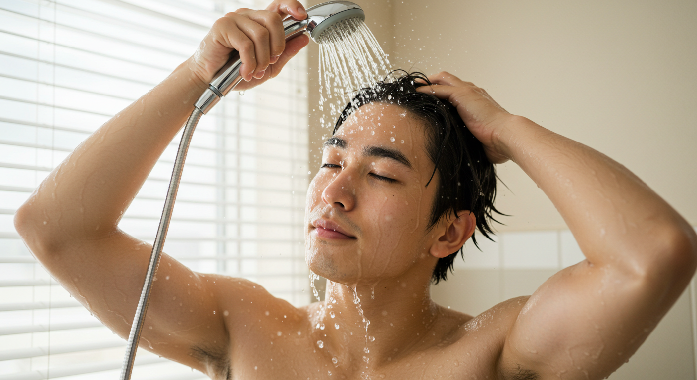 湯気の中でタオルを肩にかけた男性がリラックスしている後ろ姿