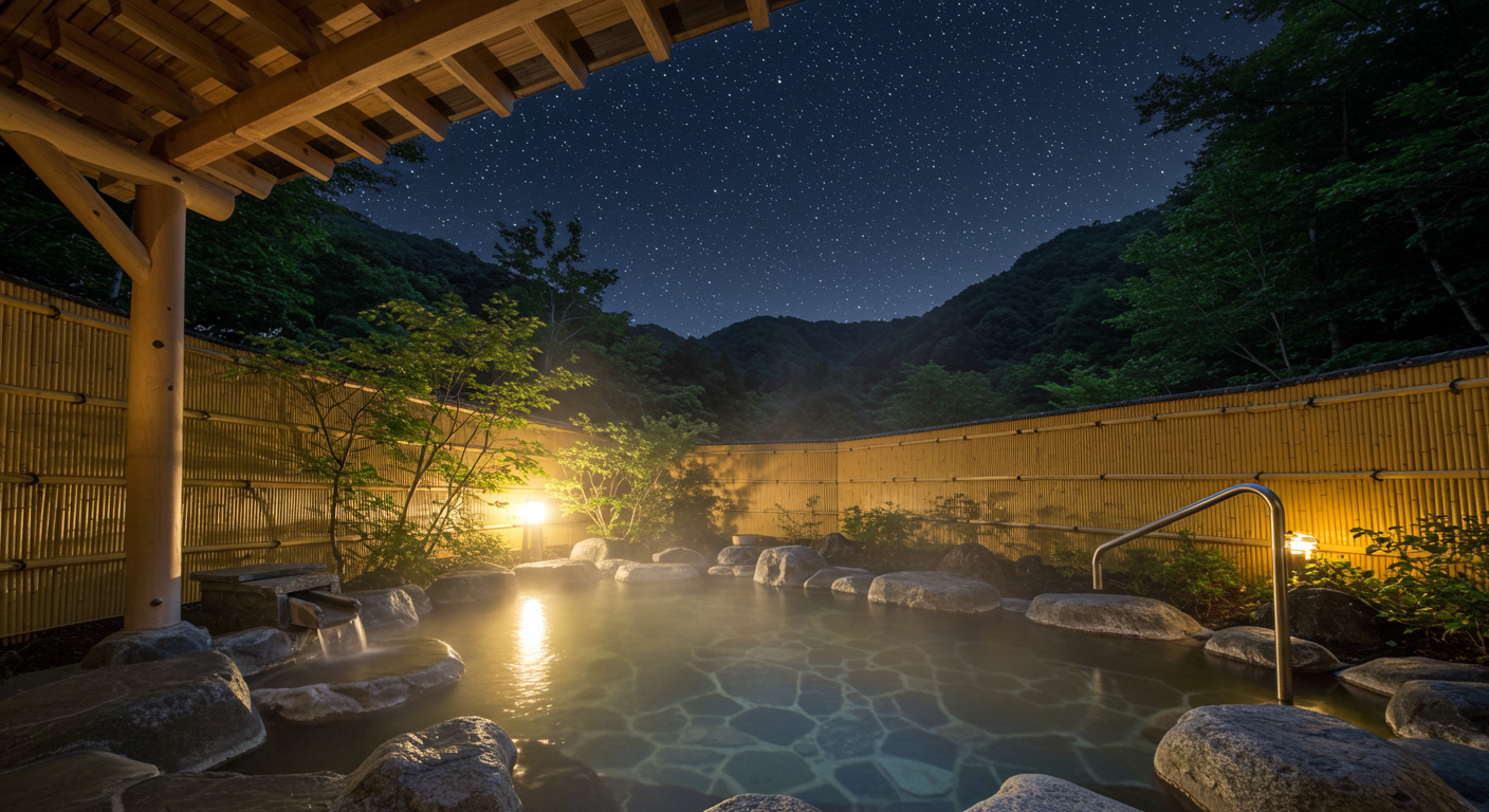 星空の下の野天風呂の写真