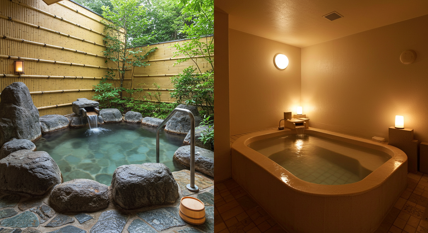 岩風呂と陶器風呂の比較(屋外と室内の雰囲気)
