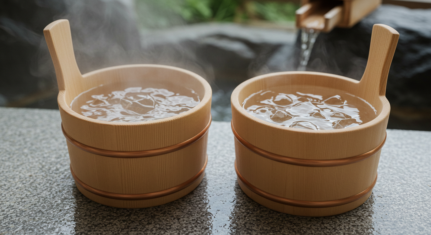 温冷交代浴のイメージ(お湯と冷水の桶が並ぶ)