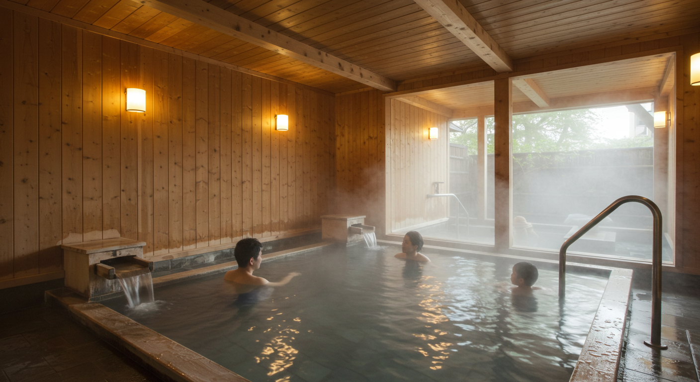 貸切風呂でリラックスしている人