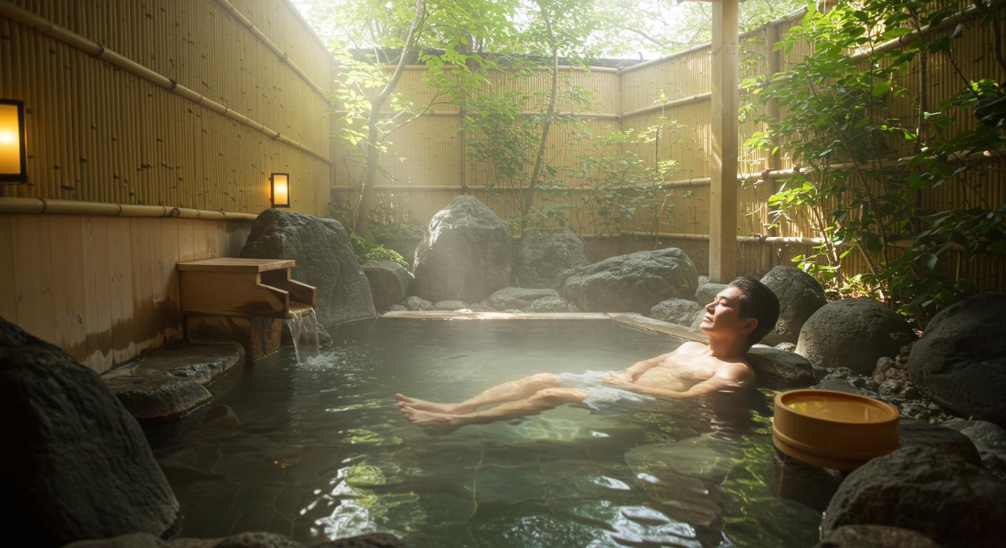 貸切風呂で静かに過ごす人の後ろ姿