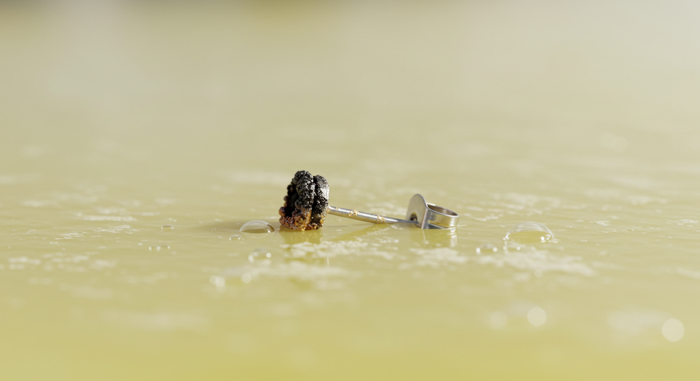 硫黄泉に金属製のピアスが落ち溶けている様子