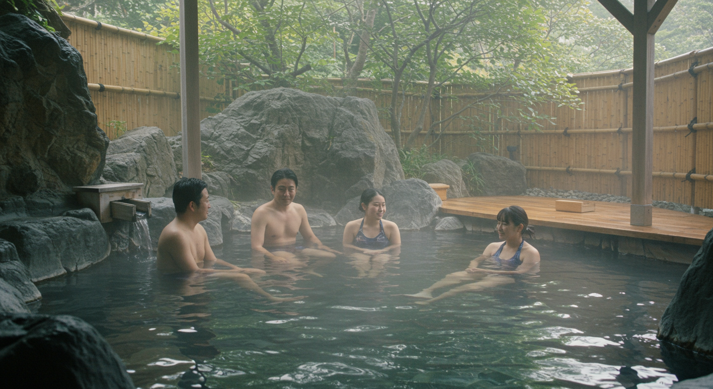 水着で入る男女混浴の温泉施設の風景