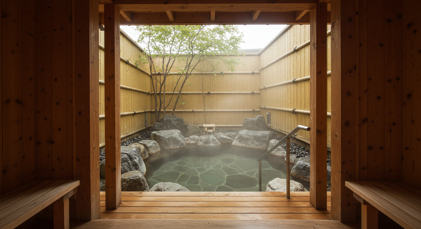 家族風呂の脱衣所から見た落ち着いた湯船の写真
