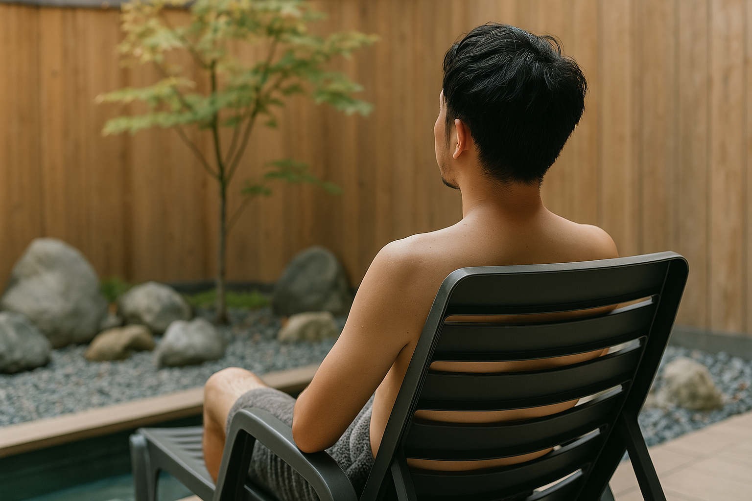 整った後に外気浴でくつろぐ人の様子