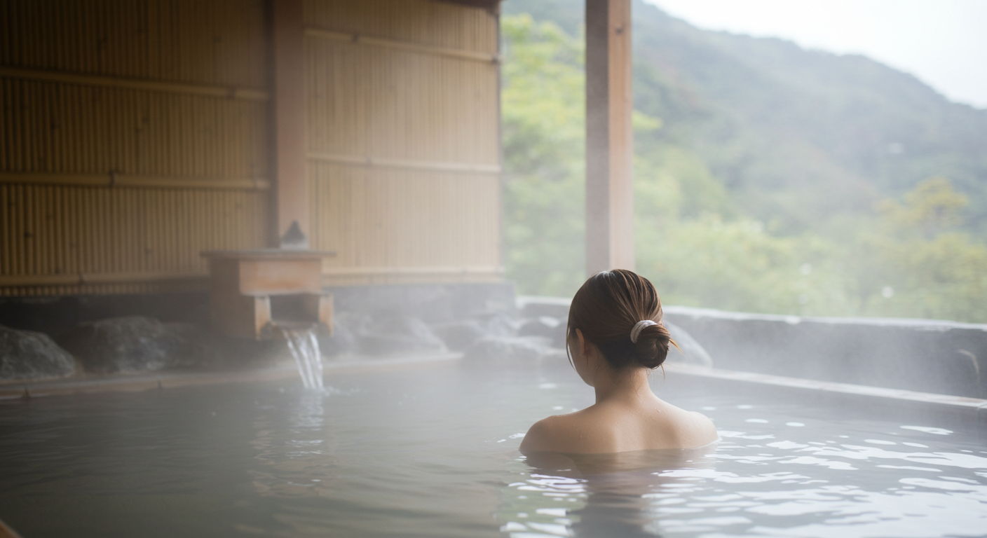 温泉旅行を楽しむ女性の後ろ姿(湯けむりが立ち上がる露天風呂)