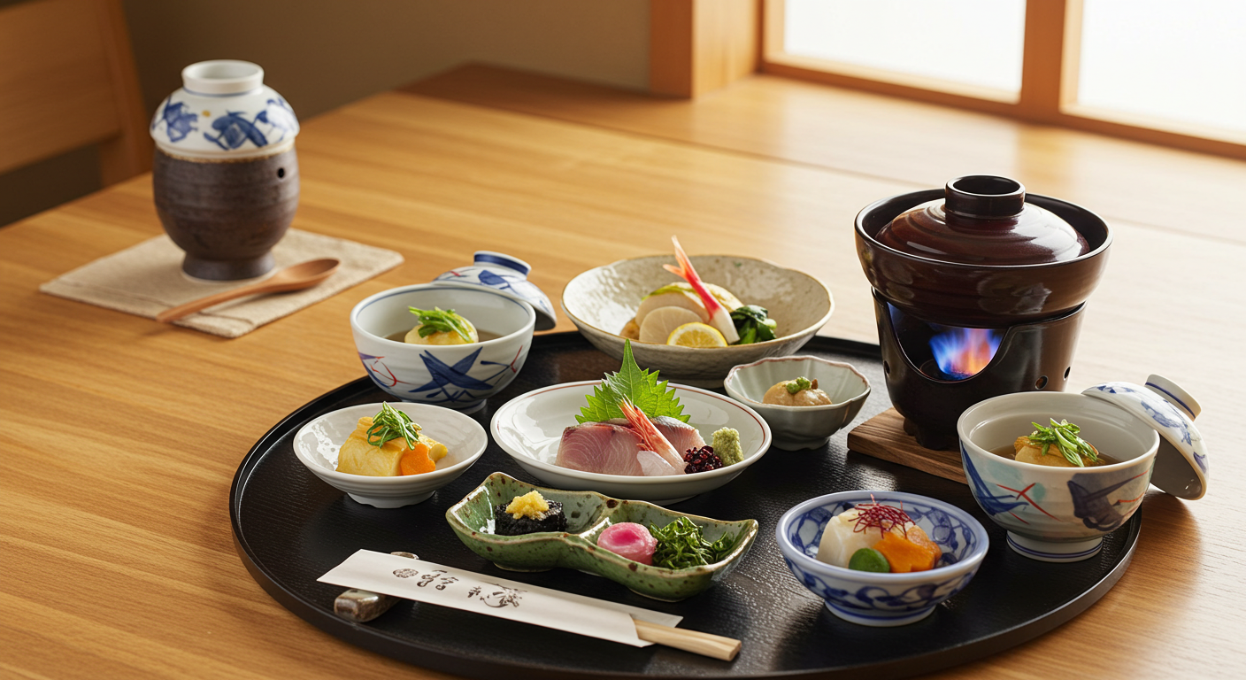 温泉地の料理(地元の魚や野菜を使った会席風ランチ)